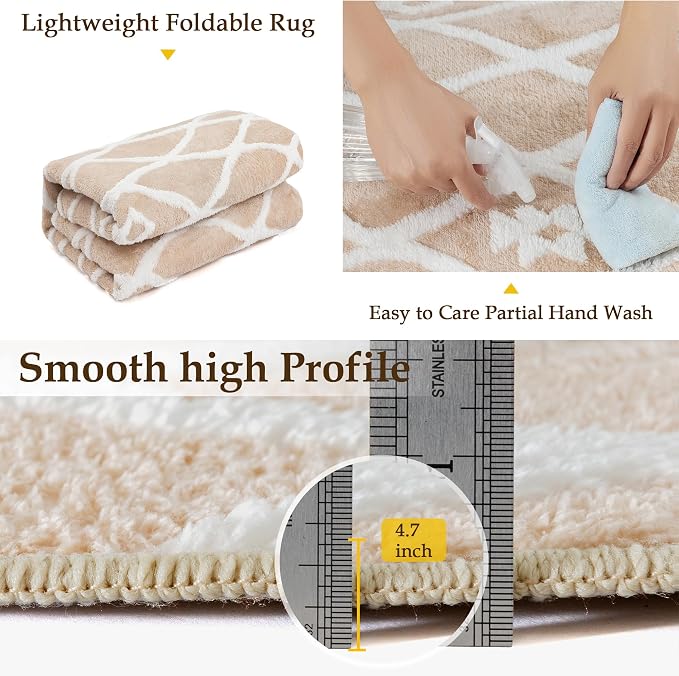 PureCozy 8x10 Area Rug for Living Room Beige Brown Washable Bedroom Rug Non Slip Soft Modern Moroccan Neutral Shag Checkered Carpet Boho Dining Room Office Playroom Nursery
