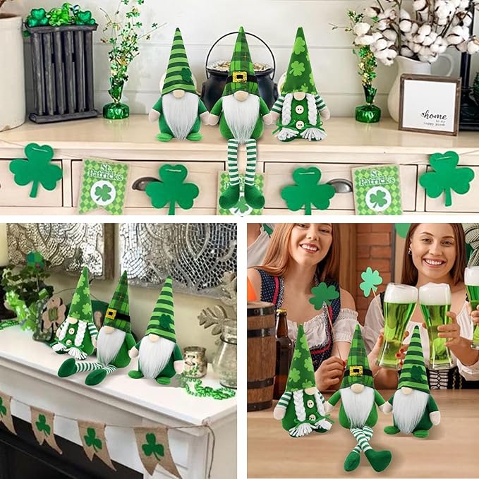 St Patricks Day Gnomes Decor Indoor, 3Pcs St Patricks Day Decorations Gnomes, Shamrock Decorations for Table, Tiered Tray Irish Home Decor Gnome Gifts