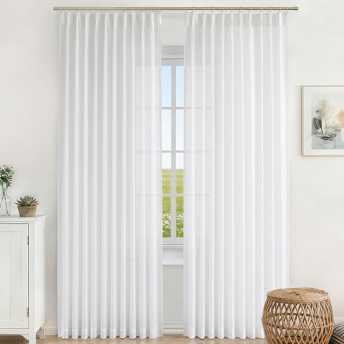 Vision Home White Pinch Pleated Sheer Curtains 95 inches Soft Linen Textured Farmhouse Rustic Light Filtering Panels,Window Treatment Drapes with Hooks & Back Tab for Living Room Bedroom, 60"Wx95"Lx2