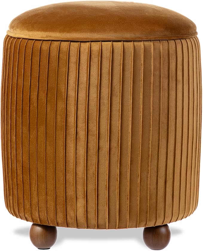Glitzhome Round Ottoman with Storage, Pleated Velvet Small Foot Stool, Modern Accent Stool Upholstered Vanity Stool with Rubberwood Ball Feet for Bedroom Living Room Dorm Room, Brown