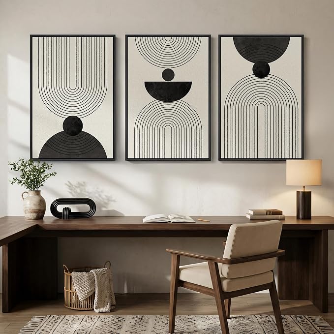 Framed Black and White Abstract Wall Art for Living Room, 3 Piece Modern Geometric Minimalist Canvas Artwork for Walls, Large Boho Neutral Prints Wall Decor for Bedroom Home Office Hallway, 24x36 Inch