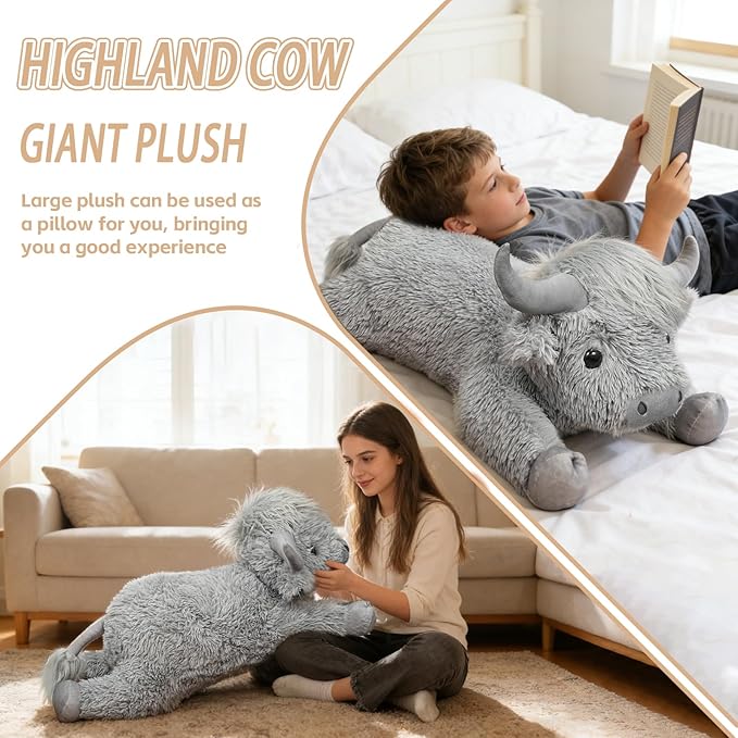 WDXDSOB 38.5 Inch Grey Giant Highland Cow Plush Stuffed Animal - Large Cow Pillow Gift for Kids and Adults, Couch & Bed Decor