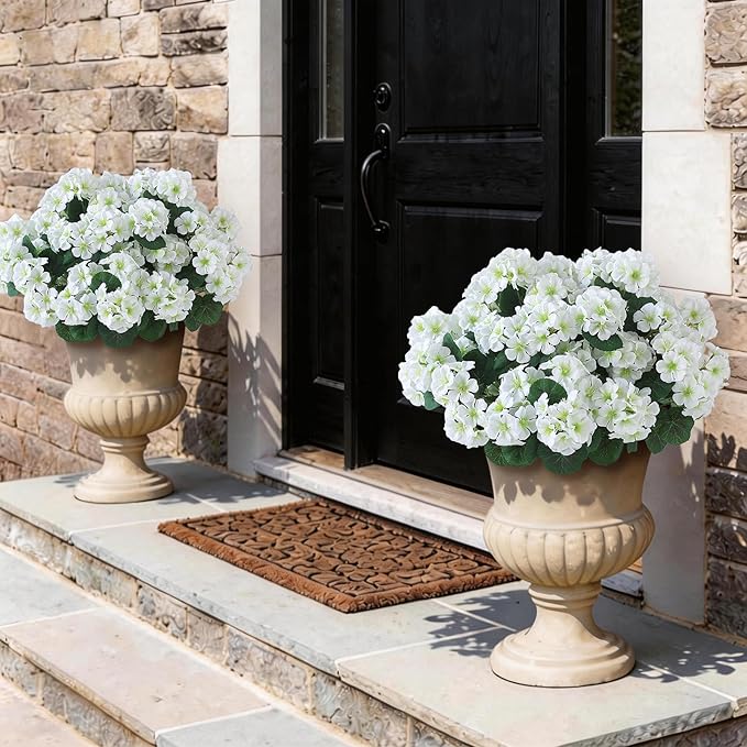 GLIDLION 24 Bundles Artificial Geranium Flowers for Spring Summer Decor, UV-Resistant Fake Plants Realistic Faux Silk Bouquets for Front Door Farmhouse Garden Porch Home Outdoor Decor (White)