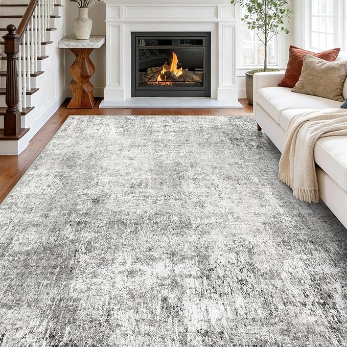RELEANY Washable Area Rugs 10'x14 Non-Slip Modern Abstract Soft for Living Room Entryway Bedroom Nursery, Print Pattern, Gray White Grey