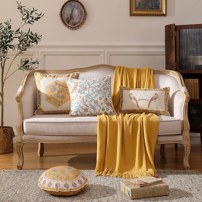 patdrea French Vintage Linen Throw Pillow Cover,12"x20"-Magnolia C | Elegant Decorative Pillow Case with Zipper,Yellow Floral Pattern,Cushion Coverfor Couch Living Room Bedroom Sofa