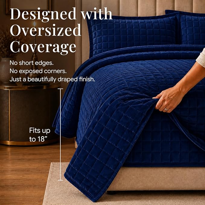 Tribeca Living Luxury Velvet Quilt Twin Size Set - 260GSM Ultra-Soft Oversized Velvet Bedspread Comforter Set with 1 Sham, in Florence Navy Blue