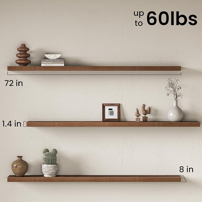 Fun Memories 72 Inch Floating Shelves for Wall 8 Inch Deep Rustic Brown Shelves Set of 2, Wall Mounted Rustic Wood Long Floating Shelf, Large Display & Storage Shelf with Invisible Brackets