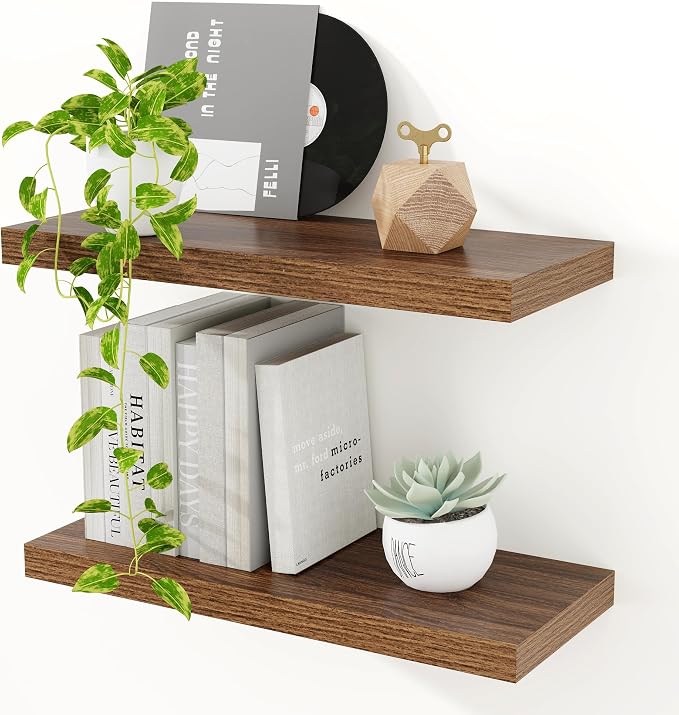 16 inch Floating Shelves for Wall, Walnut Wooden Floating Shelves, 9.3in Deep Rustic Wall Shelves for Bathroom Living Room Kitchen Bedroom Bookshelf Storage & Organizer, 16 x 9.3 x 1.5 in, 2 Packs