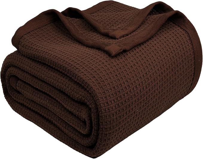TreeWool Premium 100% Cotton Waffle Summer King Blanket (90"x108", Brown) | 420 GSM Breathable Lightweight Moisture Wicking Soft Knit Thermal Blanket for Bed or Sofa All-season Comfort Machine Washable