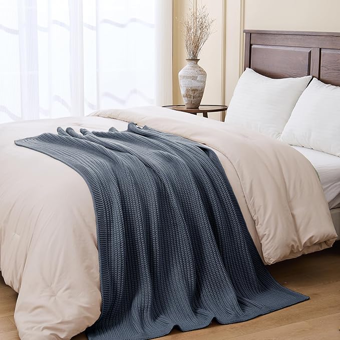 Chunky Knit Dusty Blue Throw Blanket for Couch Soft Cozy Lightweight Decorative Blanket for Couch Sofa Bed Living Room, Spring Throw 50"x60"