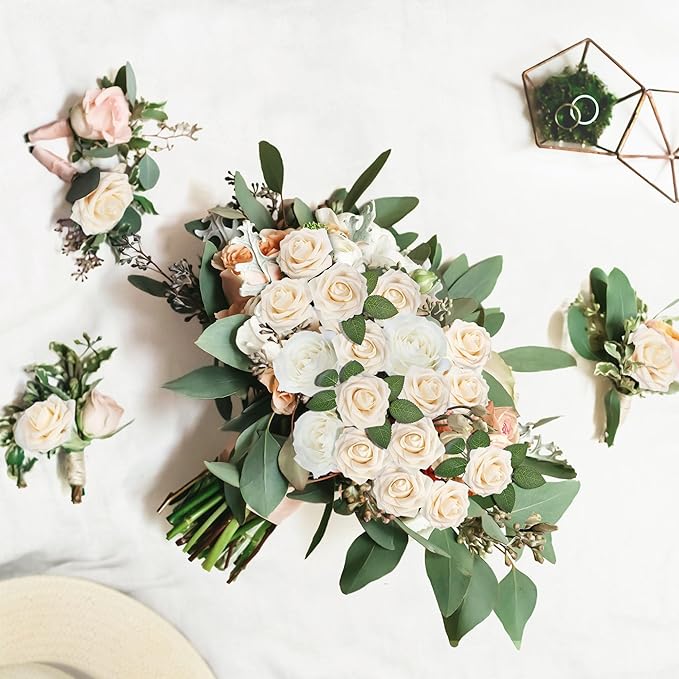 Mocoosy 50Pcs Rose Artificial Flowers, Cream White Fake Roses for Decoration, Real Touch Beige Foam Rose Bulk with Stem DIY Wedding Bouquet Bridal Shower Mother's Day Floral Arrangement Table Decor
