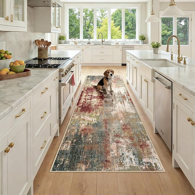 RELEANY Washable Area Rugs 3x8 Non-Slip Modern Abstract Soft for Living Room Entryway Bedroom Nursery, Print Pattern, Brown Rust Red Green Blue Multi