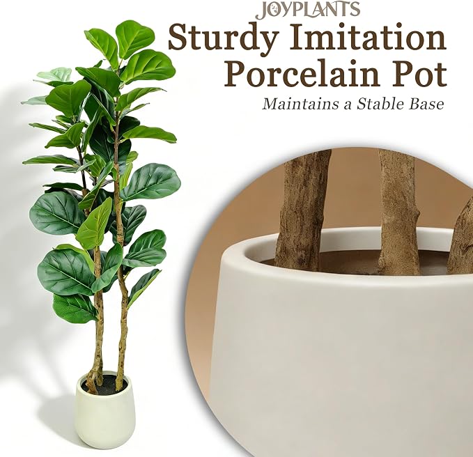 5ft Fake Fiddle Leaf Fig Tree, Realistic Fake Plants with Natural-Looking Trunk, Evergreen Faux Plants Indoor for Home & Office Decor（3 Poles, White Pot）