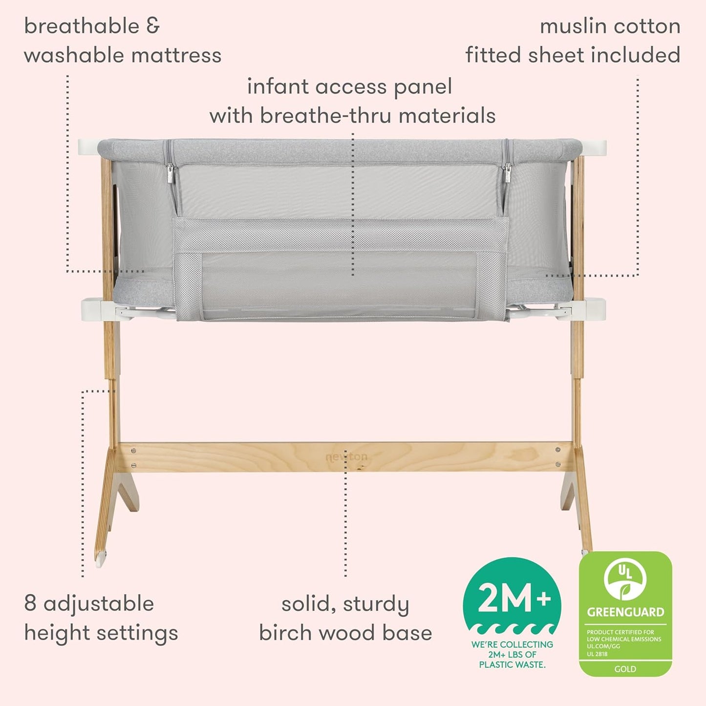 Newton Baby Bassinet & Bedside Sleeper with Mattress & Sheet - Ultra-Breathable & Completely Washable, Removable Dual-Layer Cover | Solid Birch Frame Adjustable Height & Infant Access Opening