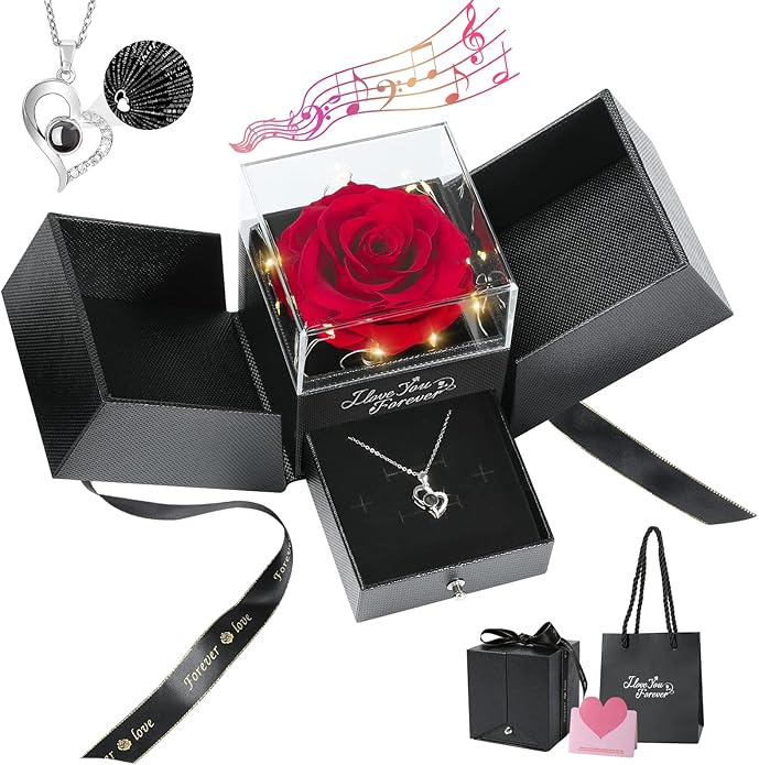 Emibele Preserved Rose Gifts for Women, Eternal Flower Rose Box with Heart Necklace, Romantic I Love You Gifts for Women Her Wife Mom Grandma on Valentines Mothers Day Birthday Anniversary