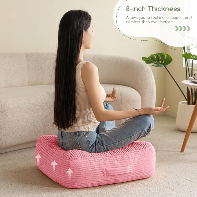 HIGOGOGO 8" Extra Thick Floor Pillow Cushion for Adults, Meditation Cushion Pillow, Large Square Floor Sitting, Tufted Corduroy Cover, for Tatami Living Room or Yoga, 22x22 Inch, Pink
