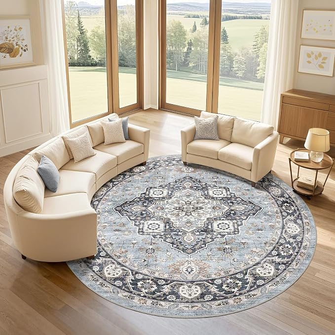 Round Rug Living Room Rugs: 8x8 Washable Boho Neutral Large Circle Soft Indoor Distressed Stain Resistant Floor Farmhouse Carpet for Bedroom Nursery Kids Playroom Office Dining Room Dorm- Blue Tan