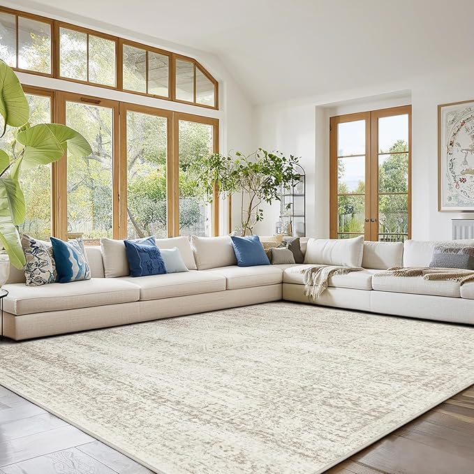 Srugn Washable Rugs 10x14 Area Rugs for Living Room,Rugs for Bedroom,Large Carpets,Ultra Soft Faux Wool Retro Dining Room Rug,Non Slip&Non-Shedding Low Pile Vintage Print Rug for Home Office Decor