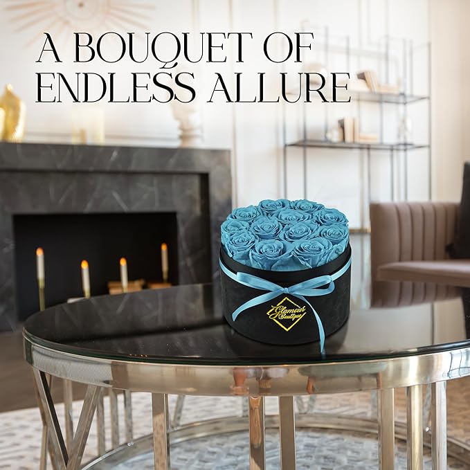 GLAMOUR BOUTIQUE Flowers Forever Gift Box, 12 Real Preserved Roses in Velvet Box, Floral Gift for Her, Mom or Wife for Birthday, Mother’s Day, Anniversary or Graduation, Teal (Color-Treated)