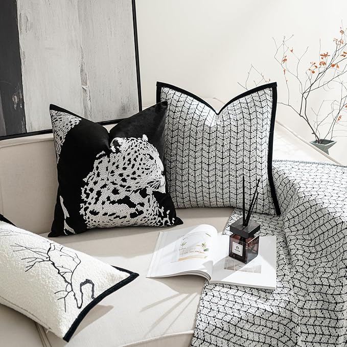 Croker Horse 20x20'' inches Throw Pillow Cushion Covers - Black Embroidery Leopard Cheetah Luxury Modern Style Couch Sofa Pillow Cover for Living Room Bedroom