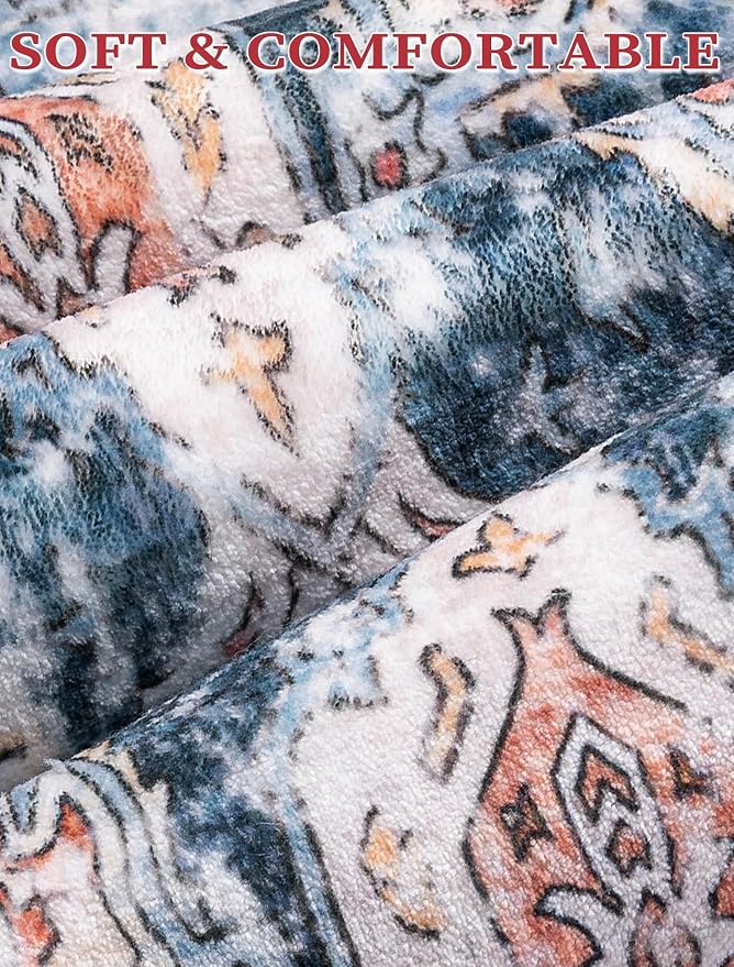 SERISSA Runner Rug for Hallways, 3x12 Washable Non Slip Kitchen Runner Rug, Extra Long Boho Rug Ultra Soft Vintage Blue Orange Print Floor Carpet for Bedroom Hallway Entryway Bathroom Laundry Room
