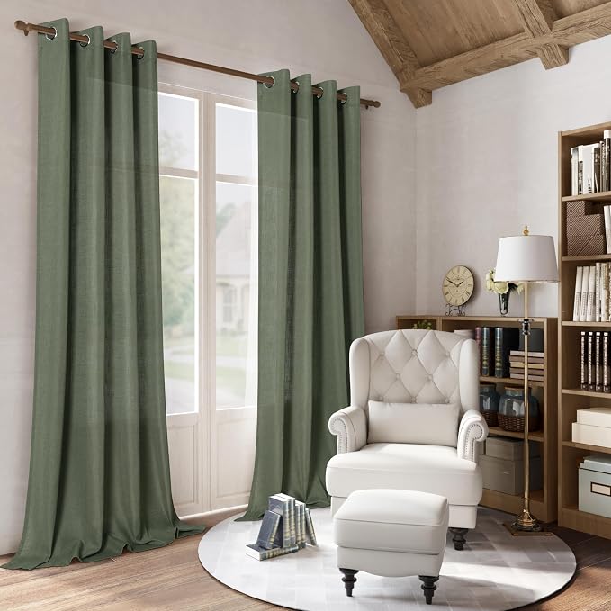 Olive Linen Curtains 90 Inch Length for Living Room Sliding Door 2 Panels Boho Farmhouse Drapes Light Filtering Xmas Decor Semi Sheer Green Window Curtains 90 Inches Long for Dining Room Bedroom