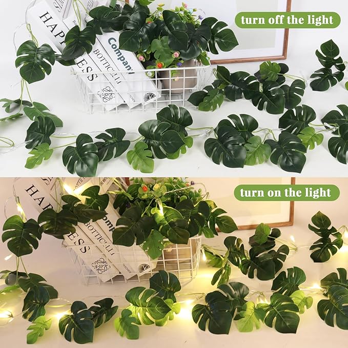 RECUTMS Monstera Leaves String Lights 1P 20LEDs Artificial Tropical Palm Leaf Battery Operated Hanging Rattan Light Faux Greenery Vines for Hawaiian Party Luau Jungle Beach Summer Indoor Outdoor Decor