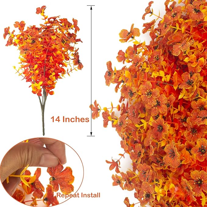 Grunyia 16 Bundles Artificial Fall Flowers for Outdoors Fake Plants UV Resistant Plastic Plants Shrubs Bushes for Home Fall Front Door Porch Garden Autumn Decor (Fall Orange)