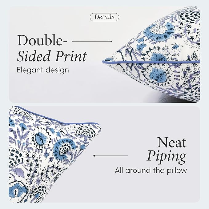 CPC 100% Cotton Throw Pillow Covers 18x18 Inch, Set of 2 Blue Block Print Pattern Couch Pillow, Cute Boho Decorative Pillows for Living Room, Bedroom with Hidden Zipper- Indigo Blue