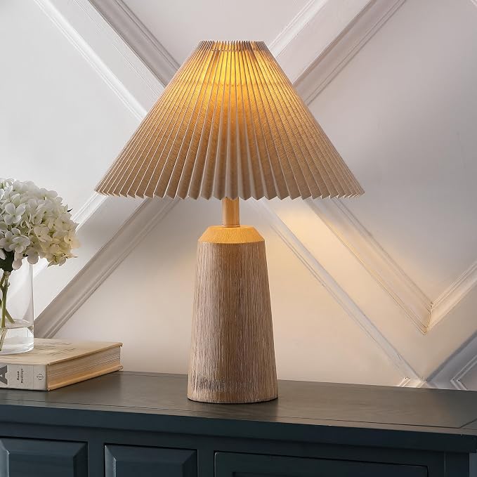 JONATHAN Y 20.5" Beige Wood Finish Resin Cylinder Table Lamp Modern Rustic Scandinavian Bedside Lamp for Living Room Bedroom with Black Pleated Empire Shade LED Bulb Included JYL1146A