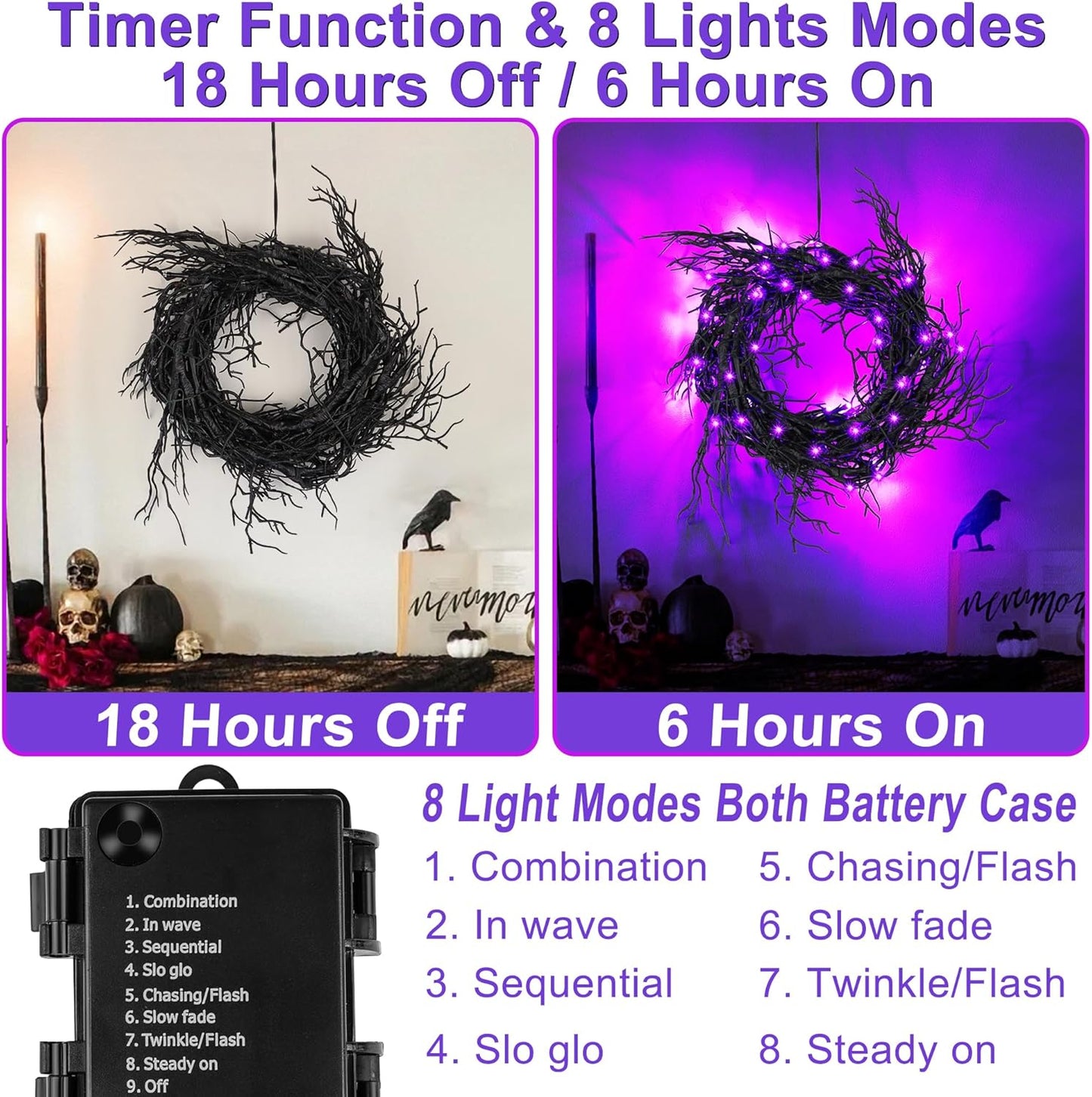 9 Ft 66 LED Willow Vine Twig Decor Black Halloween Garland with Purple Lights, Timer 8 Modes Waterproof Battery Operated Indoor Halloween Decorations for Wall Fireplace Mantle Home Office Party Decor