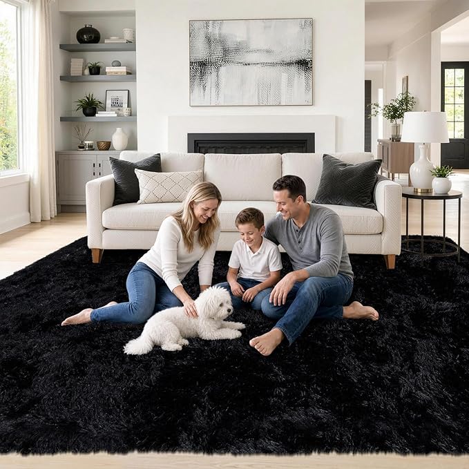 8x10 Area Rugs for Living Room: Fluffy Shag Soft Washable Rug Large Fuzzy Plush Indoor Carpet for Bedroom Nursery Playroom Kids Girls Boys Room (Black, 8'x10')