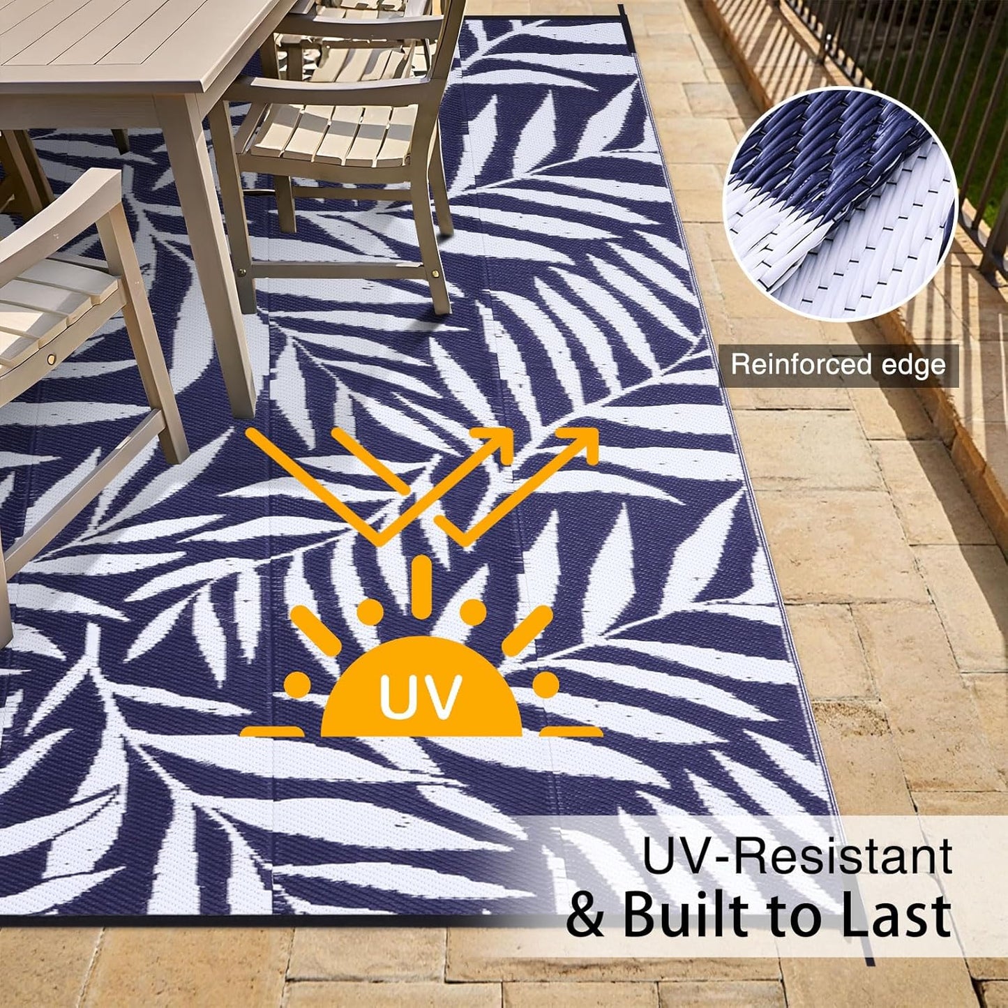 OLANLY Waterproof Outdoor Rug 8x10 ft, Reversible Outdoor Plastic Straw Rug with Leaf Pattern, RV Mat, Indoor Outdoor Carpet for Patio, Camping, Balcony, Deck, Backyard, Navy & White