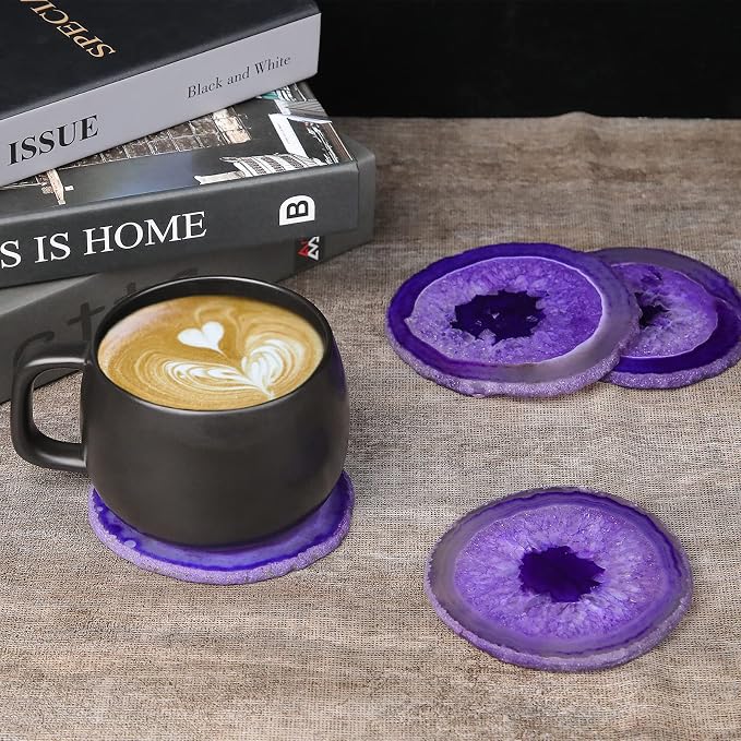 Natural Purple Agate Coasters for Drinks Set of 4 | Natural Stone Drink Coasters, Decorative Table Coasters for Coffee Table, Bar or Desk, Housewarming Gift