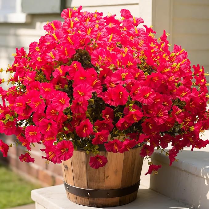 Grunyia Artificial Morning Glory Flowers with Eucalyptus - 16 Bundles UV Resistant Rose Red Faux Silk Plastic Fake Plants for Outdoor Indoor Garden Porch Front Door Home Decor