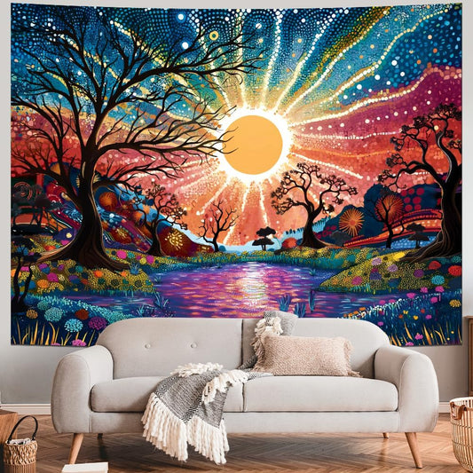 Serborlur Tree of Life Tapestry Trippy Sun Forest Tapestries Colorful Starry Sky Tapestries Hippie Nature Landscape Tapestry Wall Hanging for Bedroom (39.4" x 52.4")