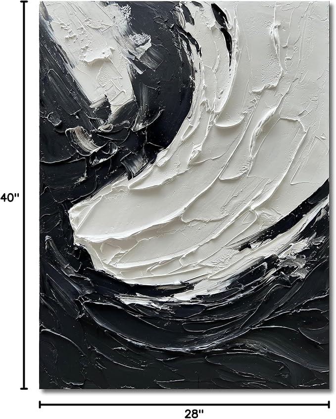 NANKAI Art Minimalist Style Black and White Abstract Oil Painting. Pure Hand-Drawn Wall Art Piece. 40x28 inches. Modern Oil Painting Decorative Art Works for Interior Wall Decoration