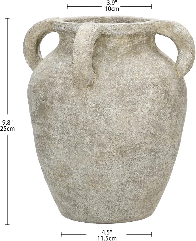 Handmade Flower Vase, 9.8" Tall Terracotta Vase, Vintage Ceramic vase, Rustic Green Antique Decor with 4 Handles, Wide Mouth, Matte Finish for Home Office Resto Café Décor