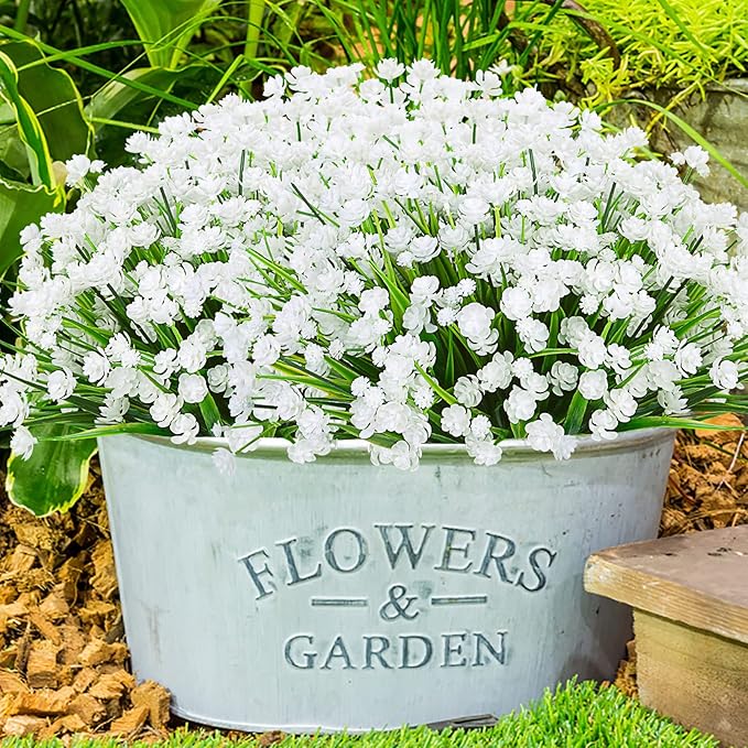 Ouddy Decor 24 Bundles Artificial Flowers for Outdoors UV Resistant Fake Plastic Plants Faux Greenery Stems for Spring Summer Indoor Garden Patio Window Box Kitchen Home Decor, White