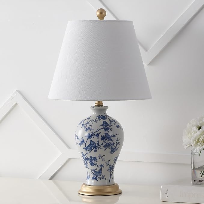 JONATHAN Y 24" Blue/White French Country Ceramic Floral Urn Table Lamp, White Linen Shade, Chinoiserie Ginger Jar Bedside Lamp for Living Room Bedroom, LED Bulb (JYL3009B)