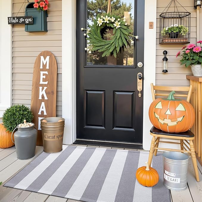 OLANLY Grey and White Striped Rug 2'4" x 3'7" (27.5" x 43") – Washable Cotton Indoor Outdoor Doormat for Front Door, Entryway, Kitchen, Porch, Patio Decor