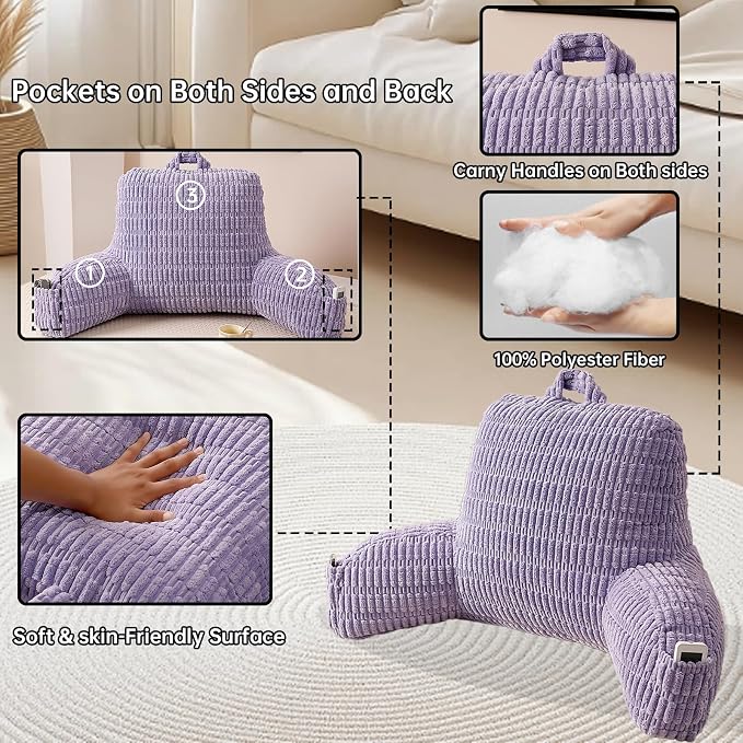 Large Reading Pillow for Sitting Up with Arms,Purple Corduroy | Back Pillow for Adults Backrest,19" Sitting Pillow Supports Reading,Gaming & Relaxing in Bed,Couch,Floor Corners