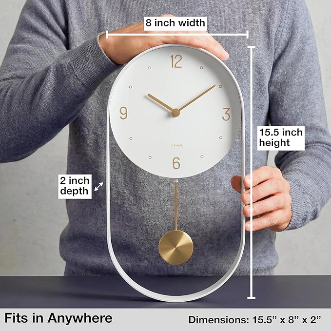 Driini Modern Pendulum Wall Clock - White and Gold Decorative Wall Clock with Pendulum - Modern Minimalist Metal Wall Clock for Living Room Décor - Silent Battery Operated Wall Clock
