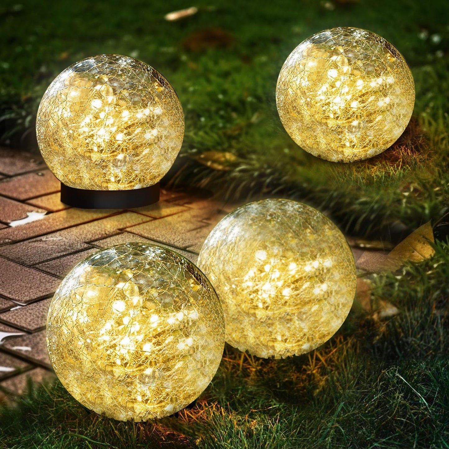 Solar Garden Lights Outdoor Waterproof, 4 Pack Cracked Glass Ball Light, Ground Landscape Garden Decor, Solar Globe Decorative for Pathway/Patio/Lawn/Yard (Warm White, 4.7")