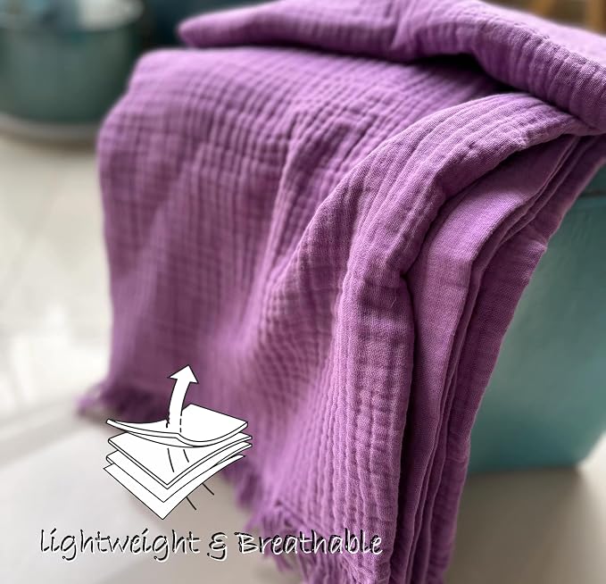 KyraHome 100% Organic Cotton Throw Blanket 60"x80" Large Muslin Blanket for Couch,Pre-Washed Plant Dyed, Breathable Lightweight Gauze Summer Blanket, All Season (Lavender Purple)