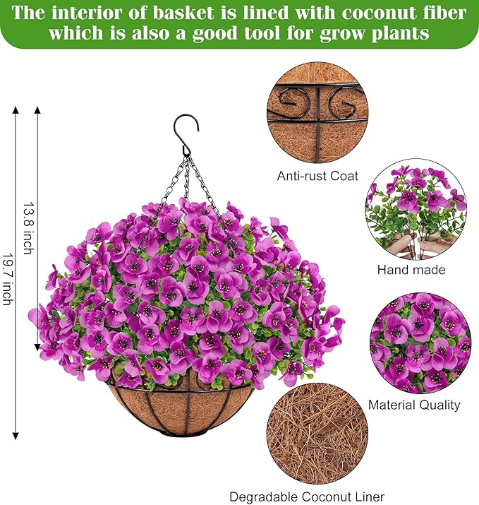 Artificial Hanging Flowers with Baskets for Outdoors, Fake Silk Pansy Flowers UV Resistant Faux Hanging Plants for Front Porch Patio Yard Home Spring Summer Decoration, Fuchsia