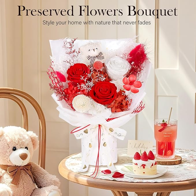 Preserved Flowers Bouquet with Bear, 3 Real Forever Flowers for Delivery, Long-Lasting Red Eteranl Roses Bouquet, Mothers Day Gifts for Mom Grandma, Anniversary Birthday Gifts for Women Girlfriend