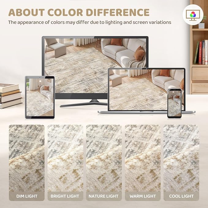 UERMEI 9x12 Washable Area Rug for Living Room: Modern Neutral Abstract Large Soft Low Pile Carpet Non-Slip Pet Kids Friendly Indoor Decor for Bedroom Dining Room Home Office Nursery Golden Brown