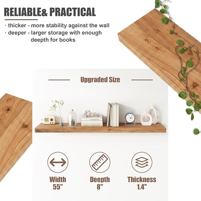 FLYJOE Floating Shelves for Wall, USA-Sourced Elm Wood 55 Inch Long Wall Shelves, Natural Wooden Mounted Picture Ledge Shelf, Nursery Book Storage Shelf Kids Bookshelf, Display Shelf for Bathroom