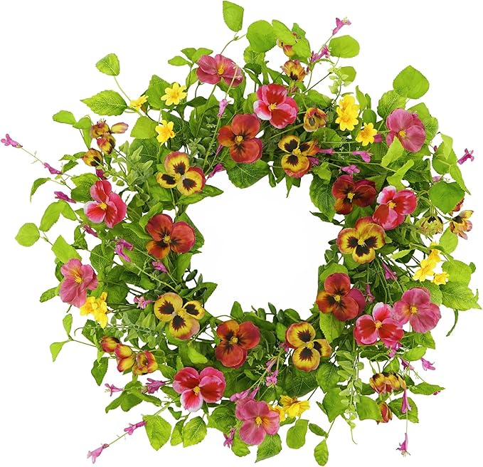YNYLCHMX 18" Spring Summer Wreaths for Front Door, Artificial Floral Wreath with Ivy Leaves Daisies Pansies Rose Leaves, Green Foliage Wreath for Wall Window Farmhouse Party Holiday Home Decor
